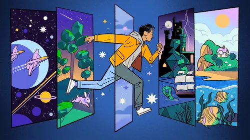 Illustration of man jumping through different worlds by Chris King