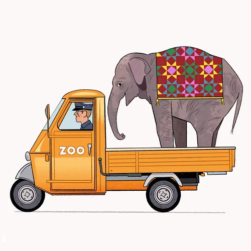 Elephant on a zoo truck with a colorful blanket illustration by Chris King
