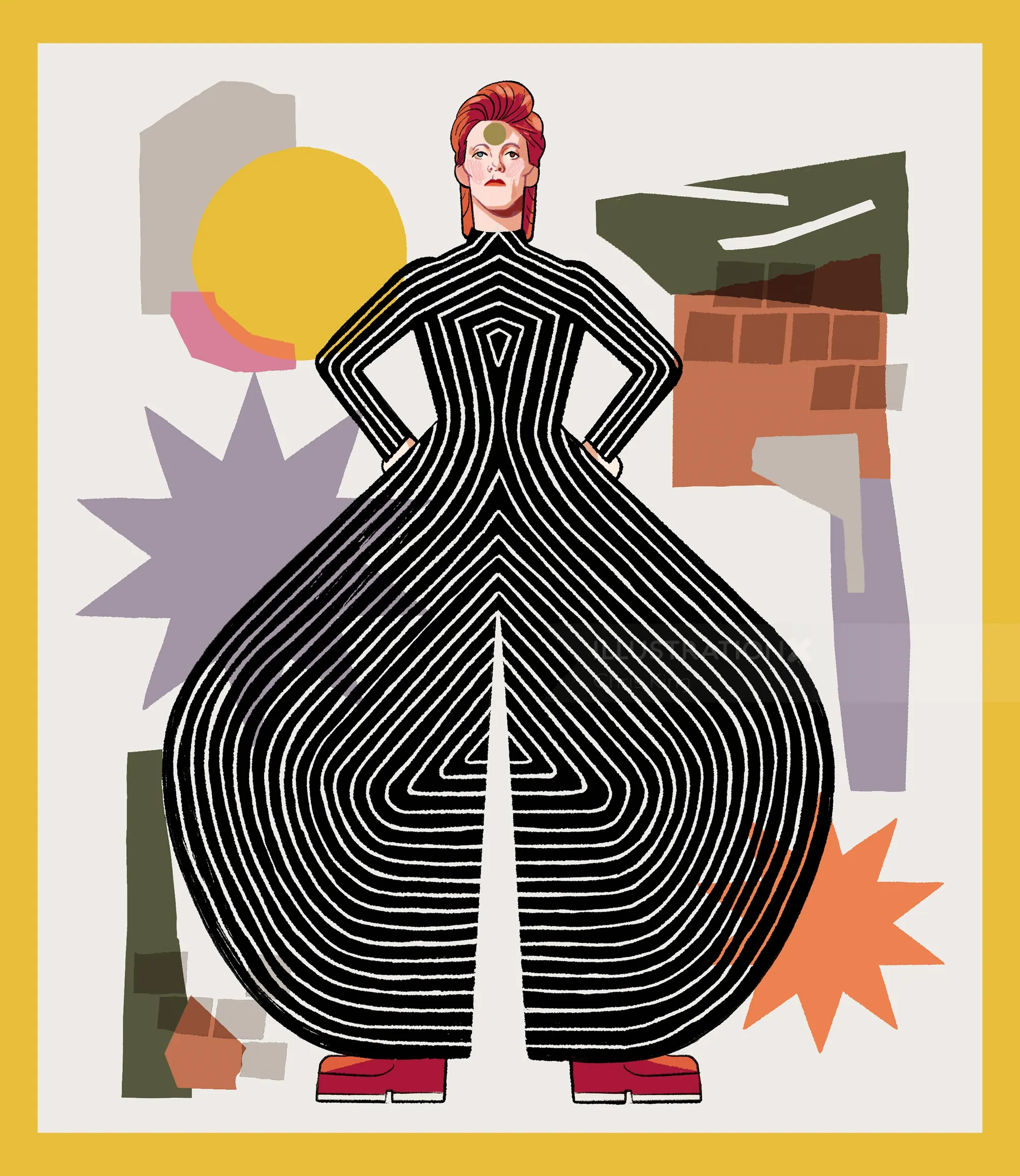 Portrait of David Bowie with geometric patterned dress by Chris King