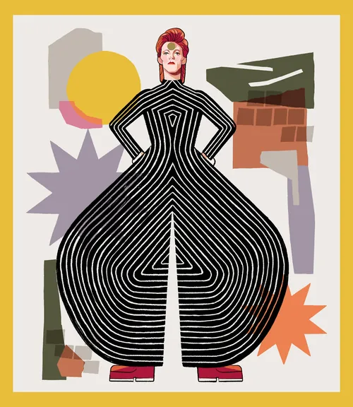 Portrait of David Bowie with geometric patterned dress by Chris King