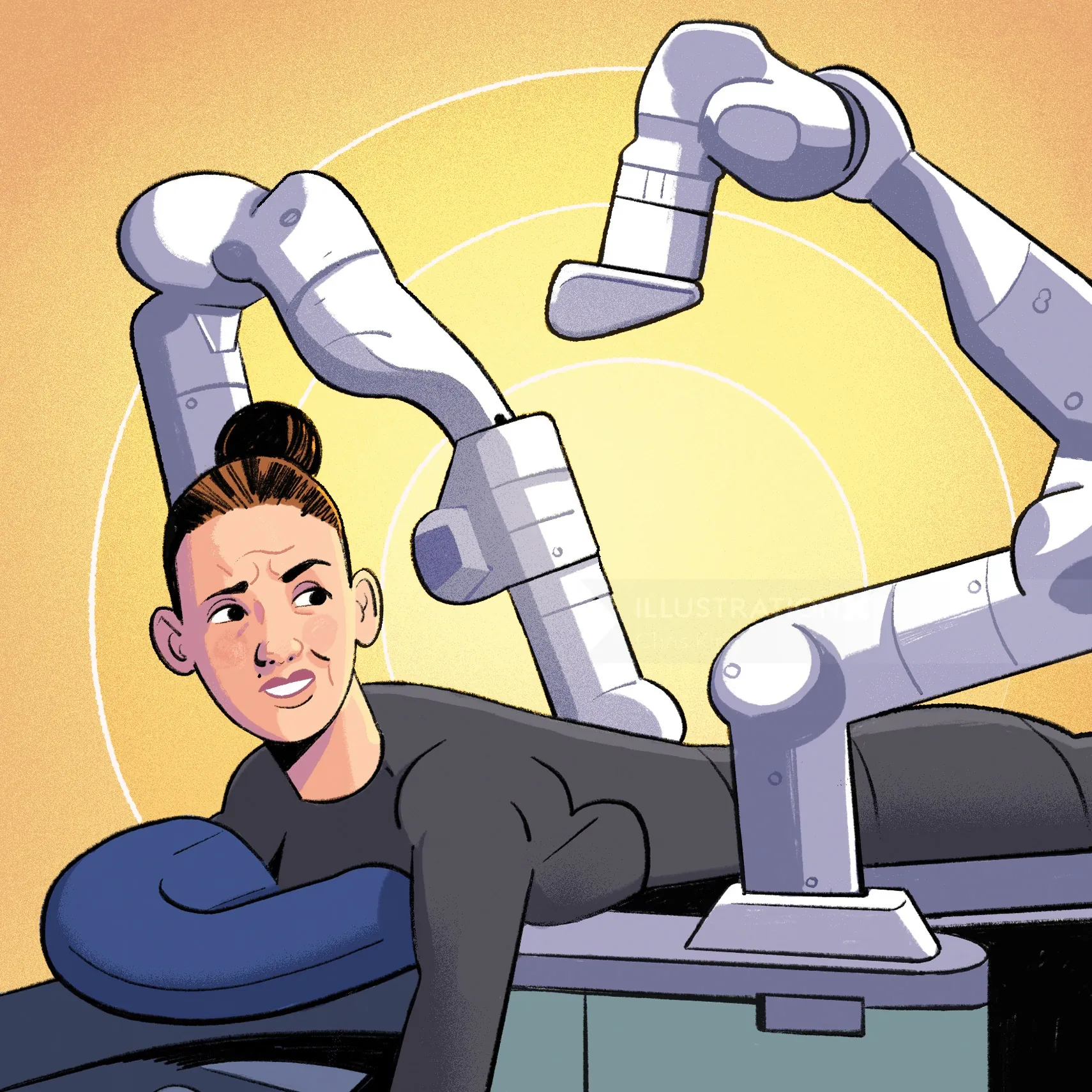 Illustration of nervous woman under robotic arms by Chris King
