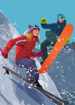 女孩从陡坡滑雪