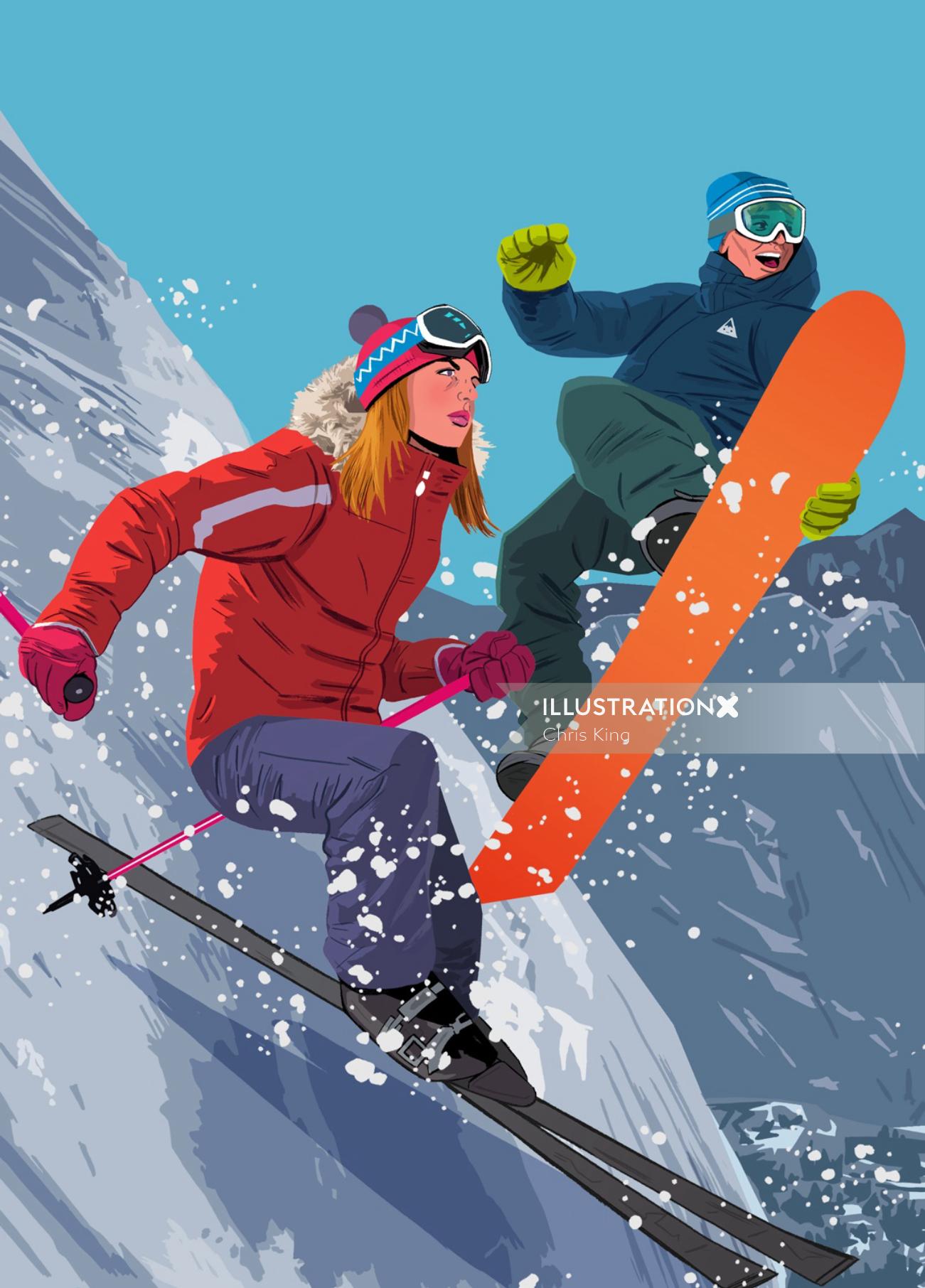 急な斜面からスキーをする女の子