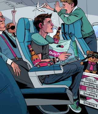 Una ilustración de personas en el avión.