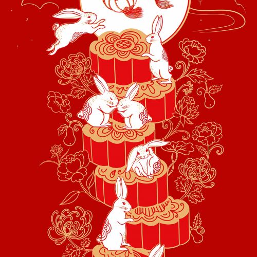Mid Autumn Festival scene with rabbits and mooncakes by Chrissy Lau