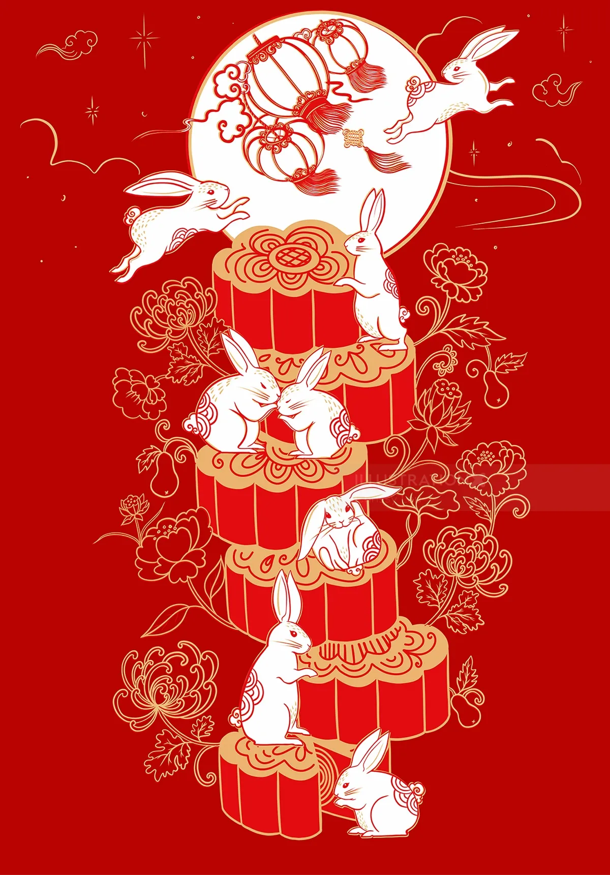 Mid Autumn Festival scene with rabbits and mooncakes by Chrissy Lau