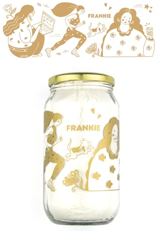 Glass jar with gold line art illustrations of people and animals by Chrissy Lau