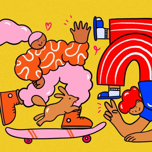 Three colorful characters dancing and skateboarding on yellow background