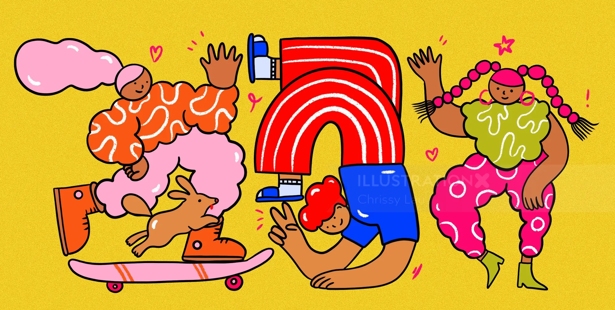 Three colorful characters dancing and skateboarding on yellow background