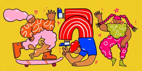 Three colorful characters dancing and skateboarding on yellow background