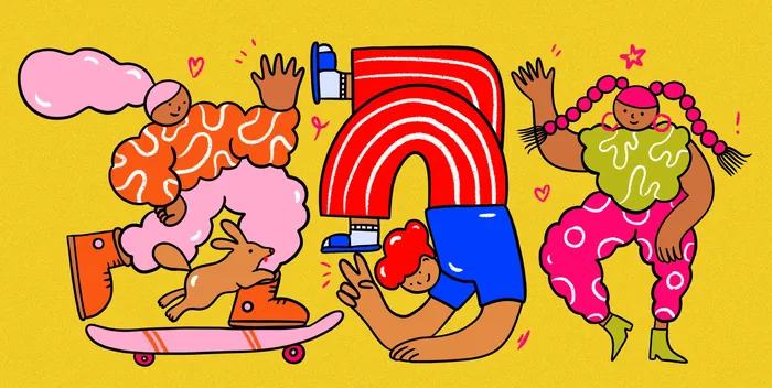 Three colorful characters dancing and skateboarding on yellow background