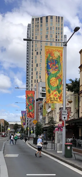 Colorful Year of the Dragon flags hanging on street poles