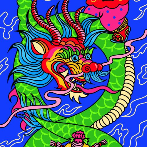 Colorful dragon and children celebrating Lunar New Year