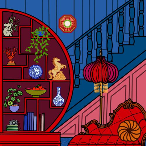 Red chaise lounge and decorative shelf with plants and figurines under staircase