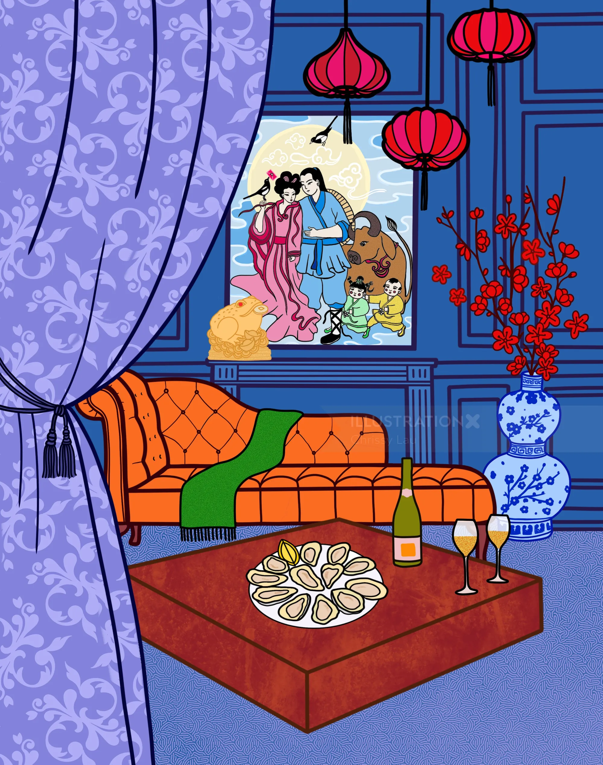 Living room with orange sofa, red lanterns, and a decorated table