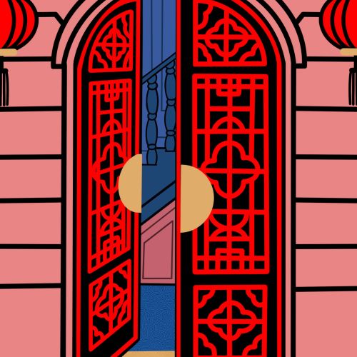 Red Chinese double door with geometric patterns and lanterns on pink wall