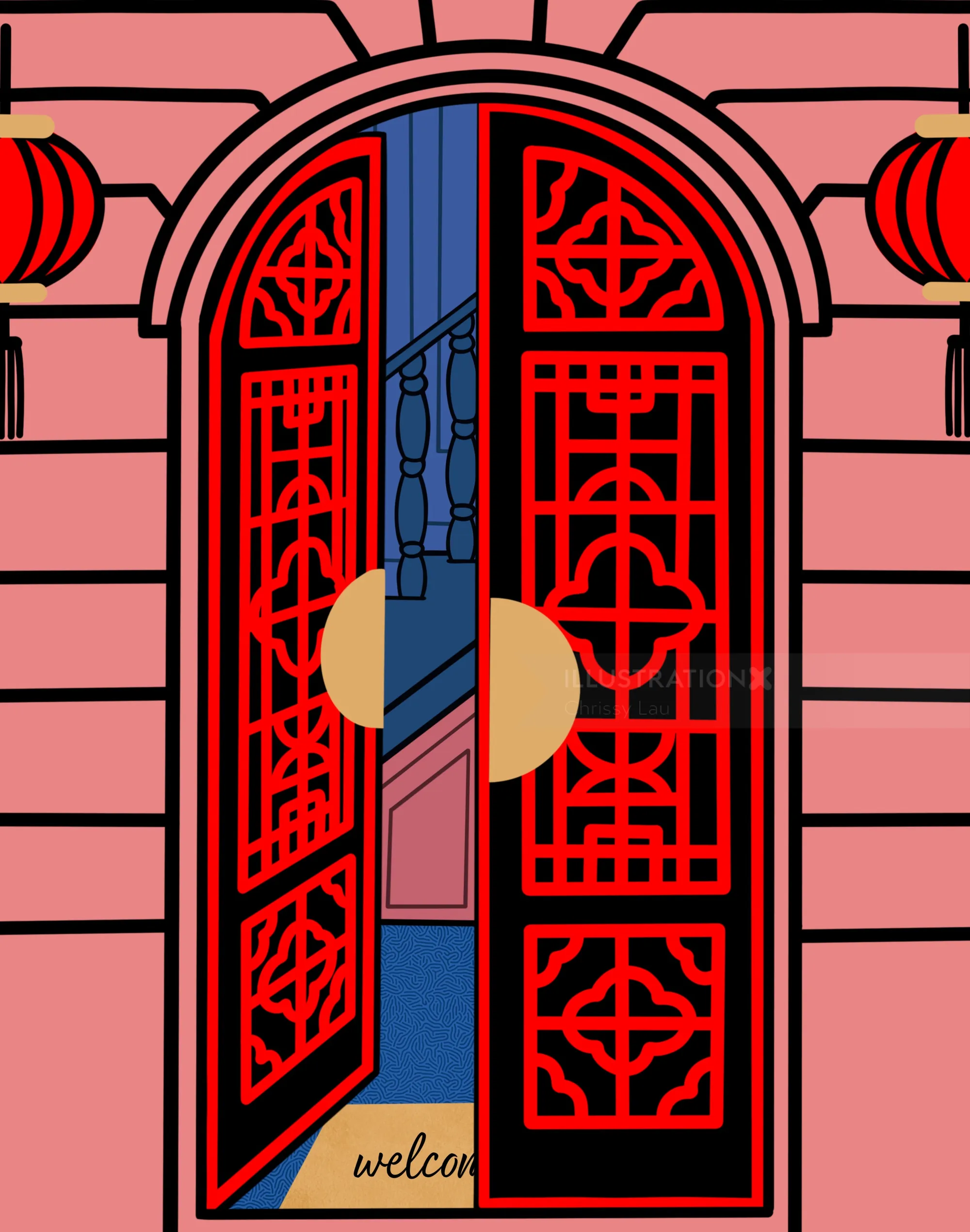 Red Chinese double door with geometric patterns and lanterns on pink wall