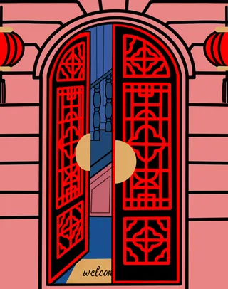Red Chinese double door with geometric patterns and lanterns on pink wall