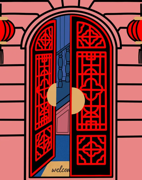 Red Chinese double door with geometric patterns and lanterns on pink wall