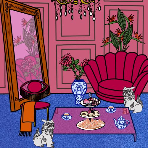 Pink living room with chandelier, shell sofa, coffee table, and two cats.