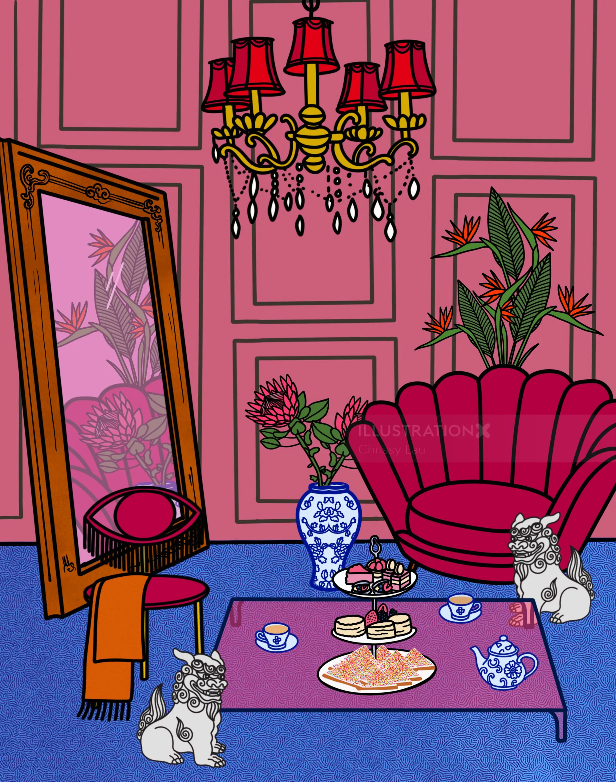 Pink living room with chandelier, shell sofa, coffee table, and two cats.