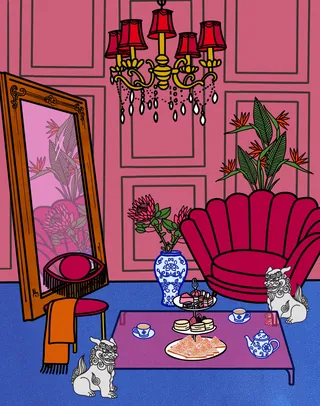 Pink living room with chandelier, shell sofa, coffee table, and two cats.