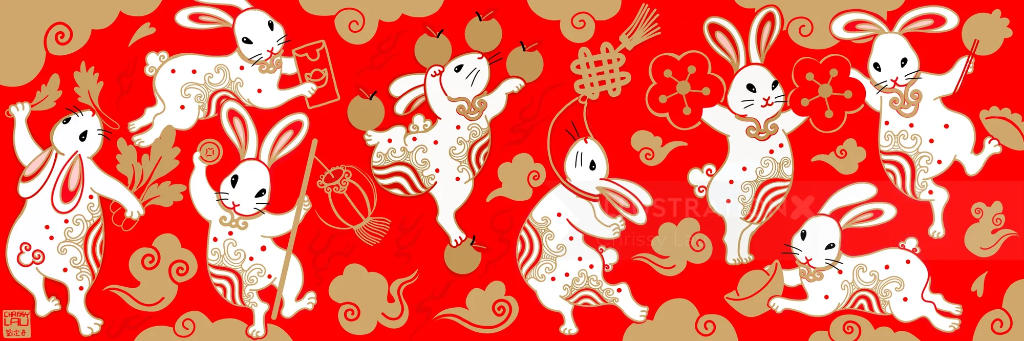 Colorful Chinese rabbit mural with peaches and flowers on red background