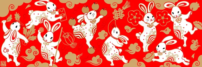 Colorful Chinese rabbit mural with peaches and flowers on red background