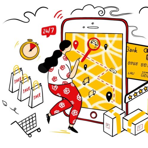 Person using mobile app for shopping, payments, and delivery tracking