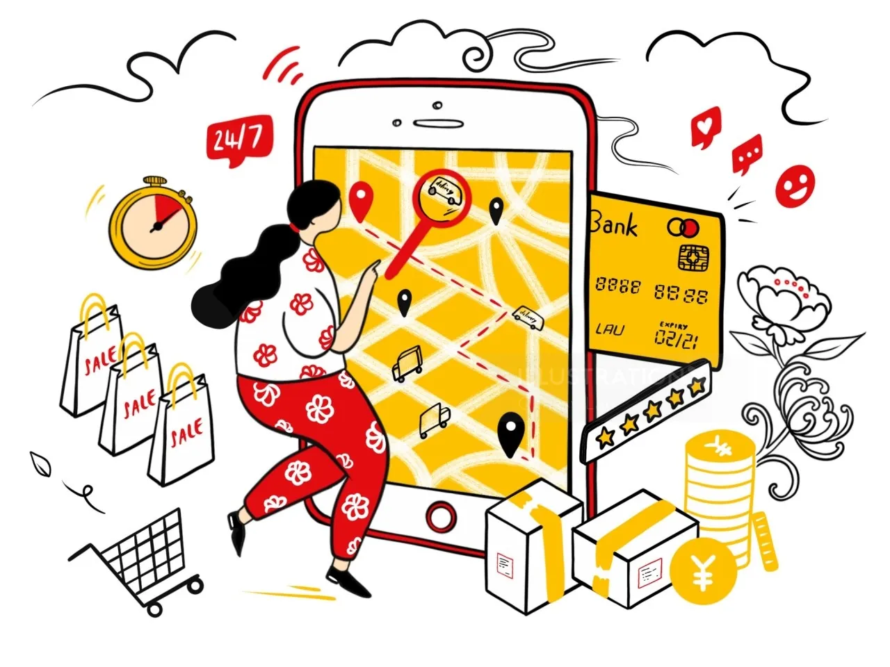 Person using mobile app for shopping, payments, and delivery tracking