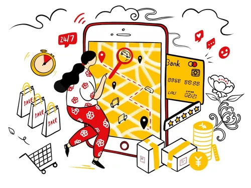 Person using mobile app for shopping, payments, and delivery tracking