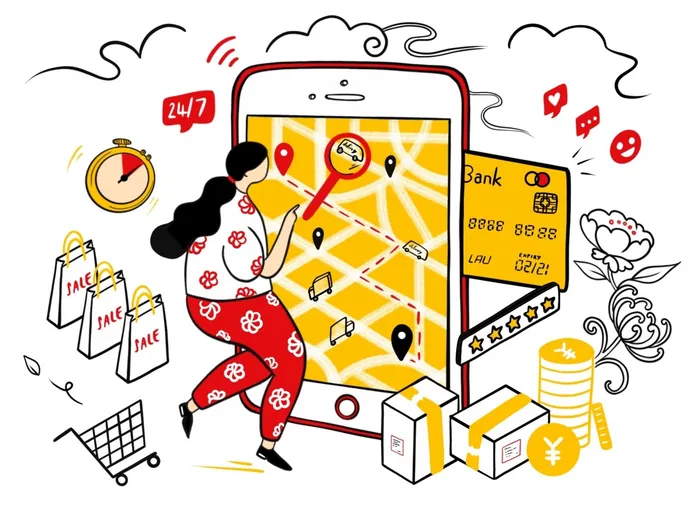 Person using mobile app for shopping, payments, and delivery tracking