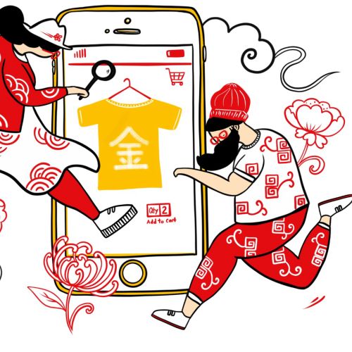 Two people shopping online with a smartphone and magnifying glass
