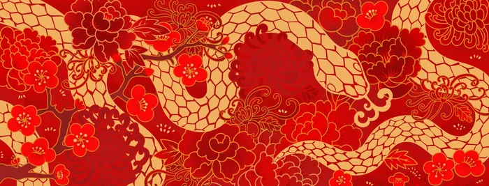 Red and gold wood snake with floral patterns for Lunar New Year