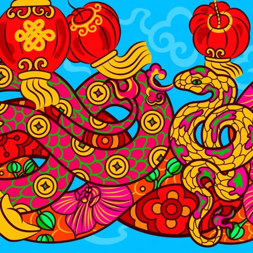 Colorful psychedelic pattern with fruits and flowers by Chrissy Lau