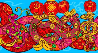 Vibrant psychedelic artwork featuring fruit, flowers, and swirling patterns