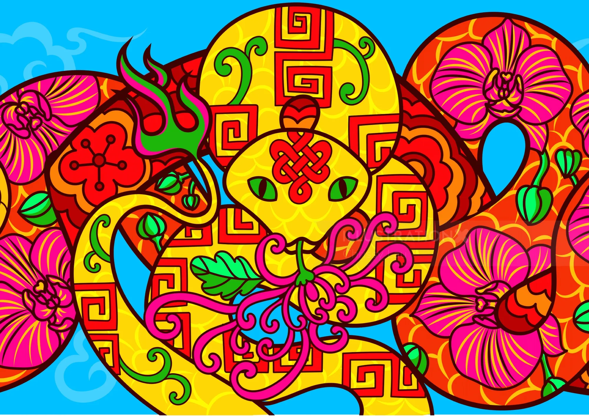 Brightly colored snake illustration with bold patterns on blue background