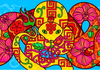 Brightly colored snake illustration with bold patterns on blue background