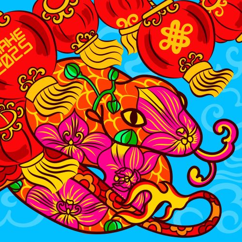 Brightly colored Chinese snake with flowers and lanterns on blue background
