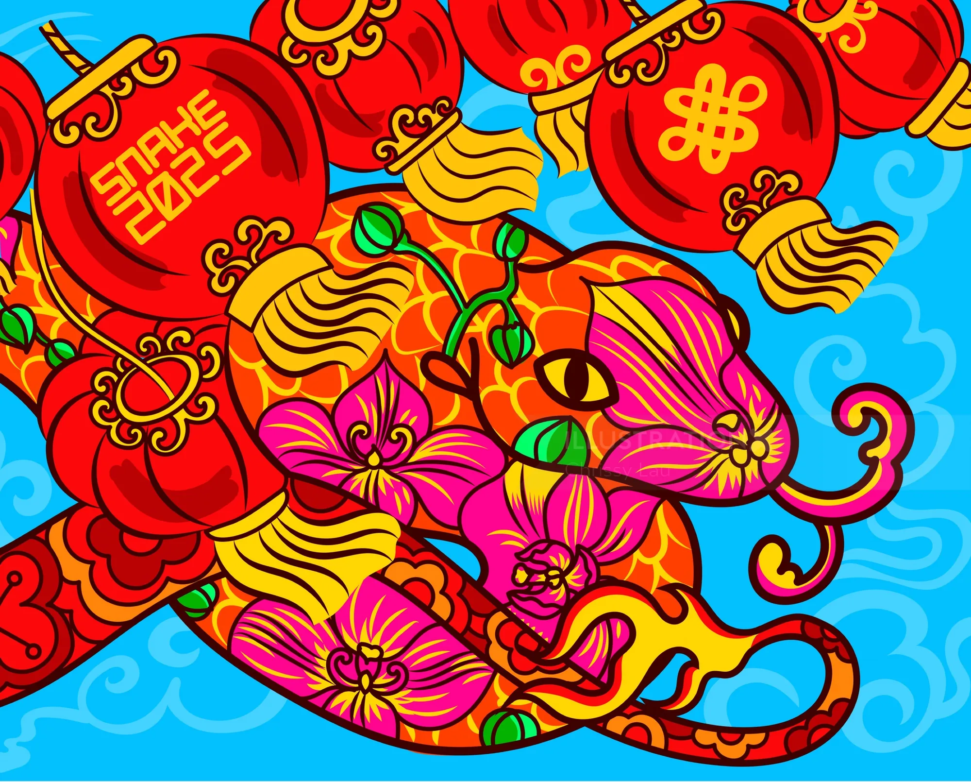 Brightly colored Chinese snake with flowers and lanterns on blue background
