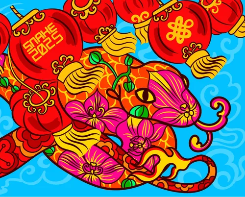 Brightly colored Chinese snake with flowers and lanterns on blue background