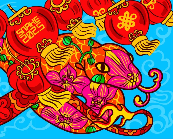 Brightly colored Chinese snake with flowers and lanterns on blue background