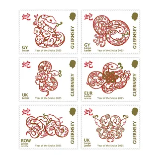 Six red snake design Guernsey stamps for Year of the Snake 2025