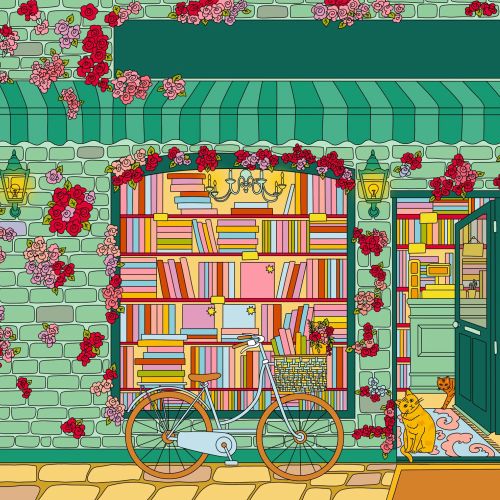 Bookstore exterior with flowers, bicycle, and a cat inside window seat.