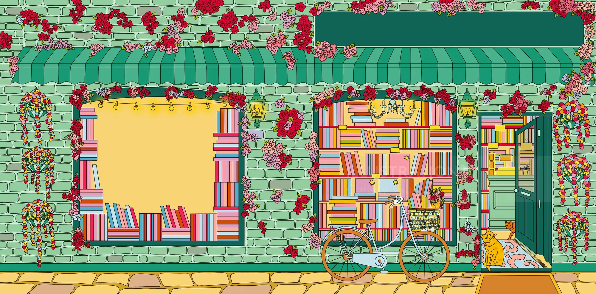 Bookstore exterior with flowers, bicycle, and a cat inside window seat.