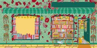 Bookstore exterior with flowers, bicycle, and a cat inside window seat.