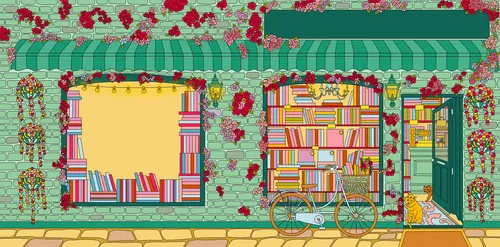 Bookstore exterior with flowers, bicycle, and a cat inside window seat.