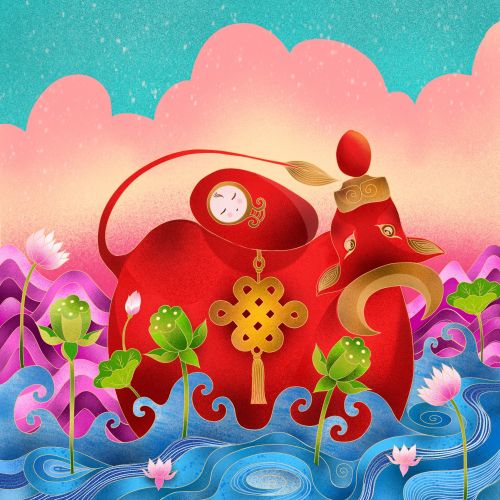 Red Chinese teapot with lotus flowers and water waves illustration