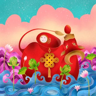 Red Chinese teapot with lotus flowers and water waves illustration