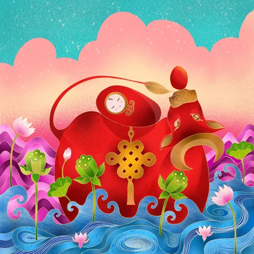 Red Chinese teapot with lotus flowers and water waves illustration